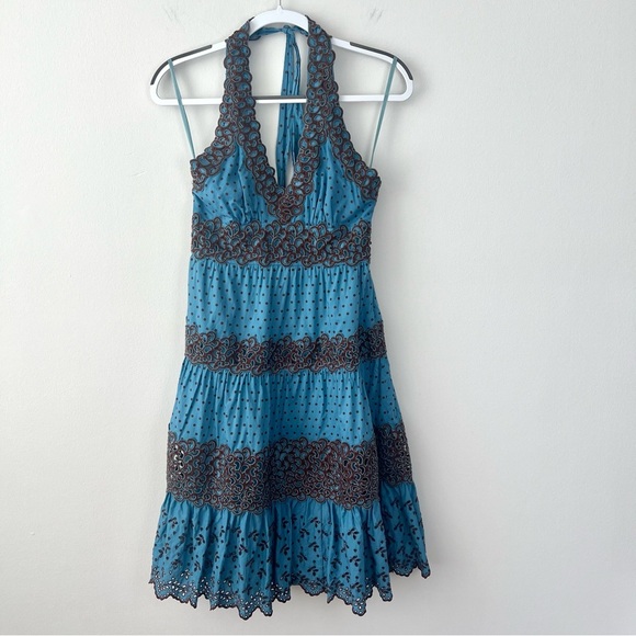 BCBGMaxazria Y2k Polka Dot Lace Tiered Halter Midi Dress - Picture 1 of 7